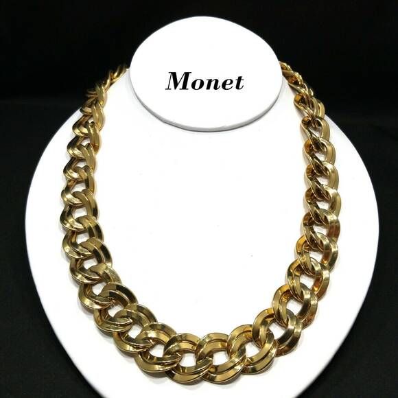 Vintage Monet Chunky Double Link Gold Chain Necklace 1980s Statement Jewelry 21" - Picture 1 of 10